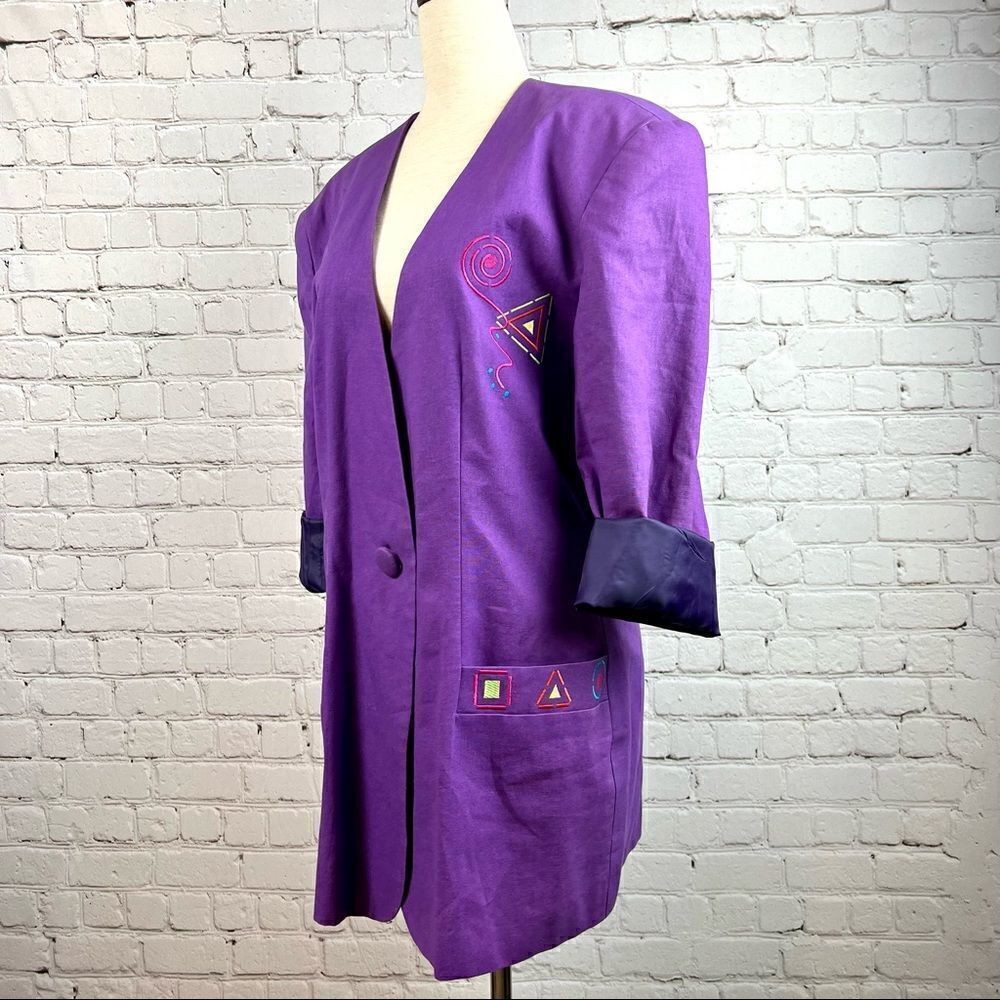 Vintage 90s Althuser Grape/Violet Geometric Shape Embroidered Funky Blazer M - Picture 2 of 13